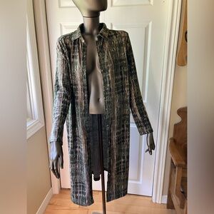 Olive green and taupe print knit cardigan.